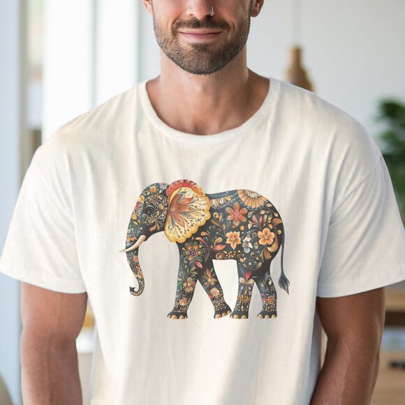 Floral Elephant Shirt Colorful Animal Graphic Tee Flower Pattern Elephant Shirt - Picture 4 of 6